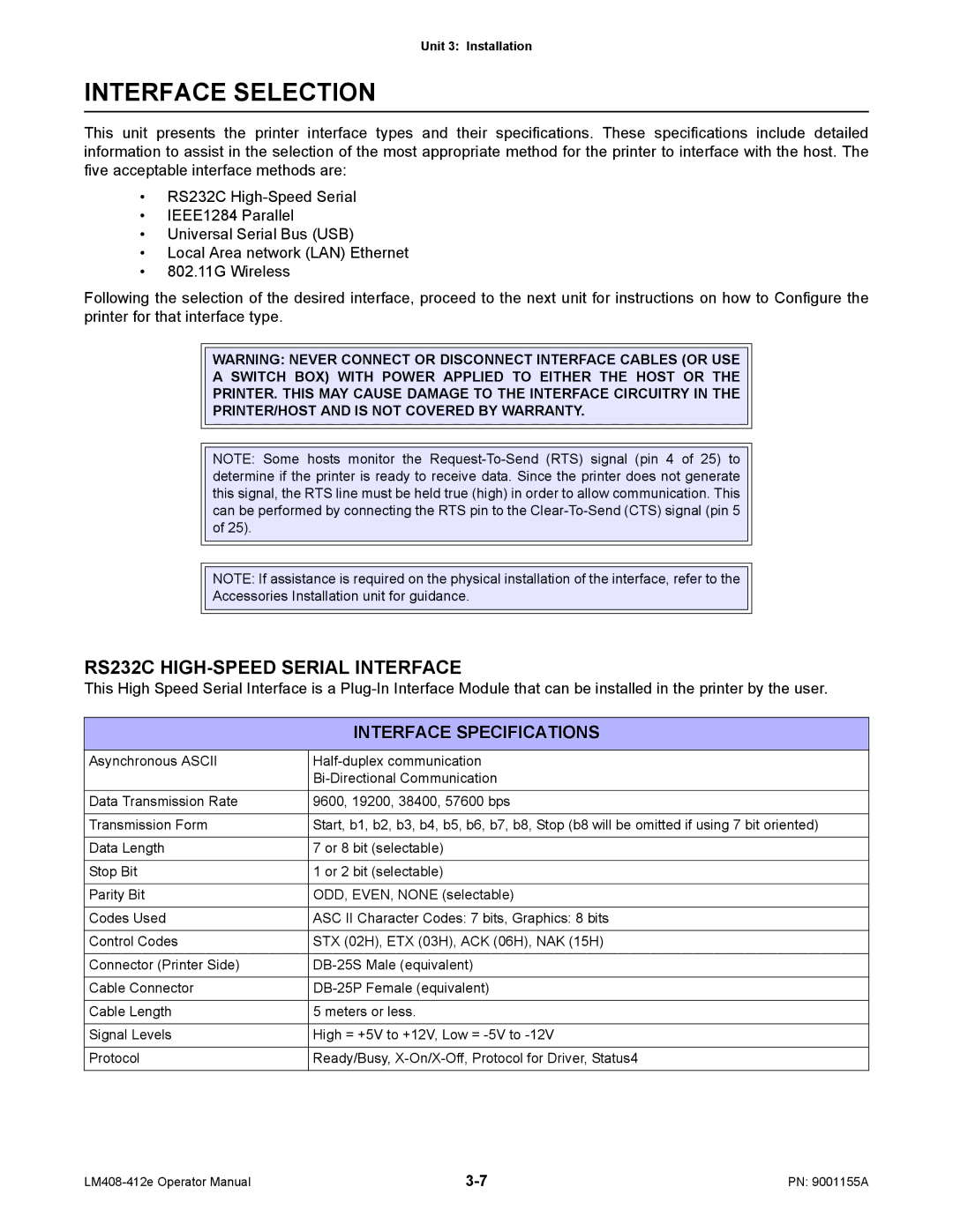 SATO LM408/412E manual Interface Selection, RS232C HIGH-SPEED Serial Interface, Interface Specifications 