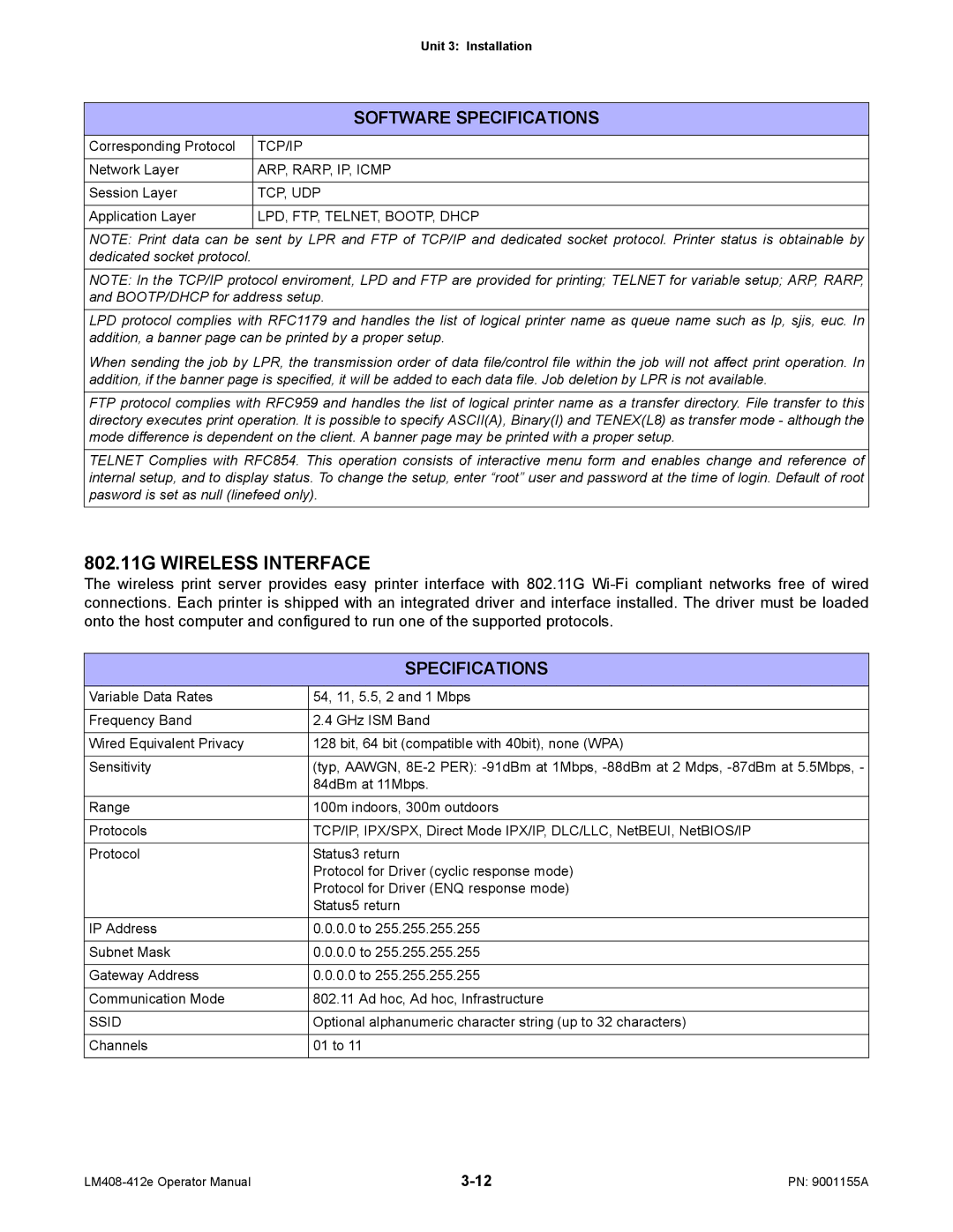 SATO LM408/412E manual 802.11G Wireless Interface, Software Specifications 