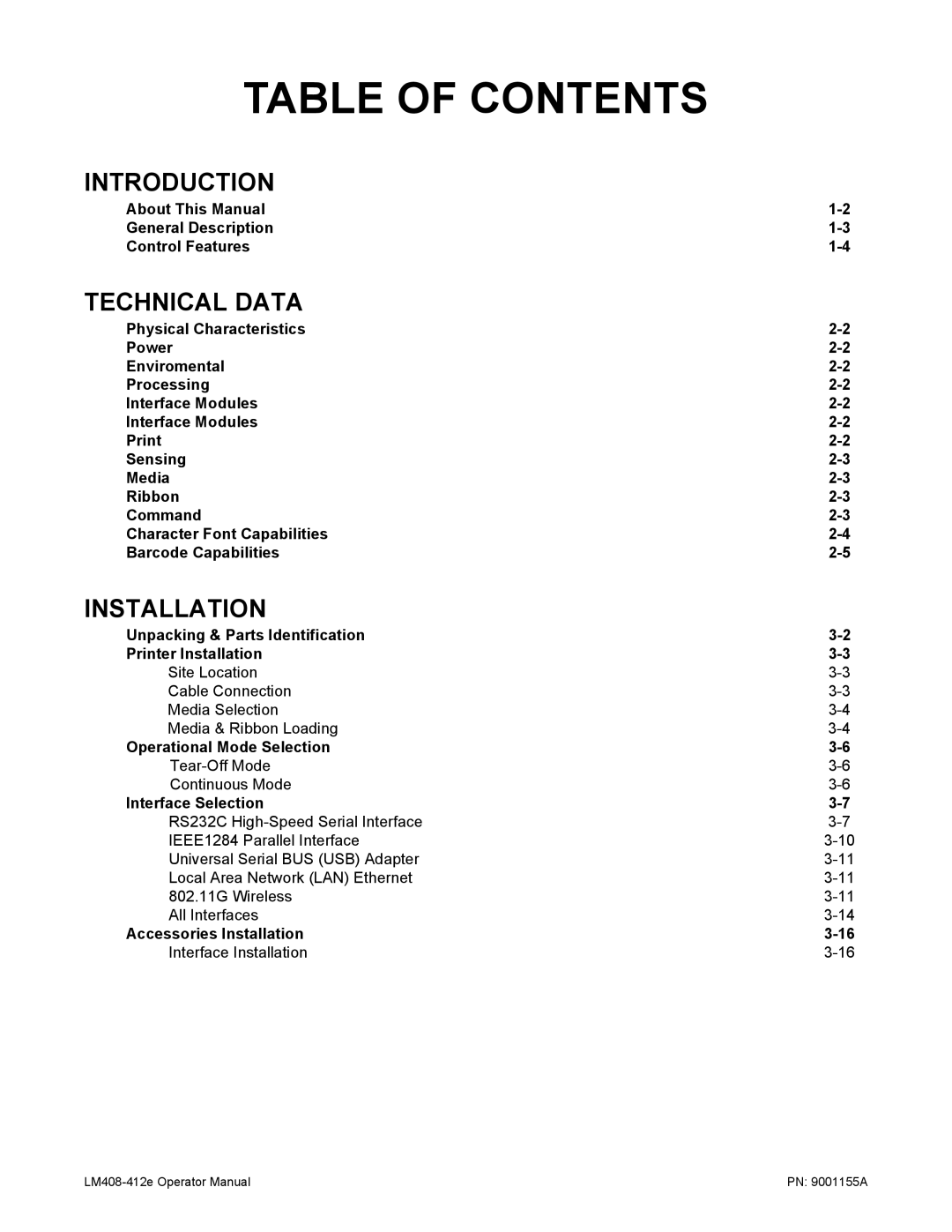 SATO LM408/412E manual Table of Contents 