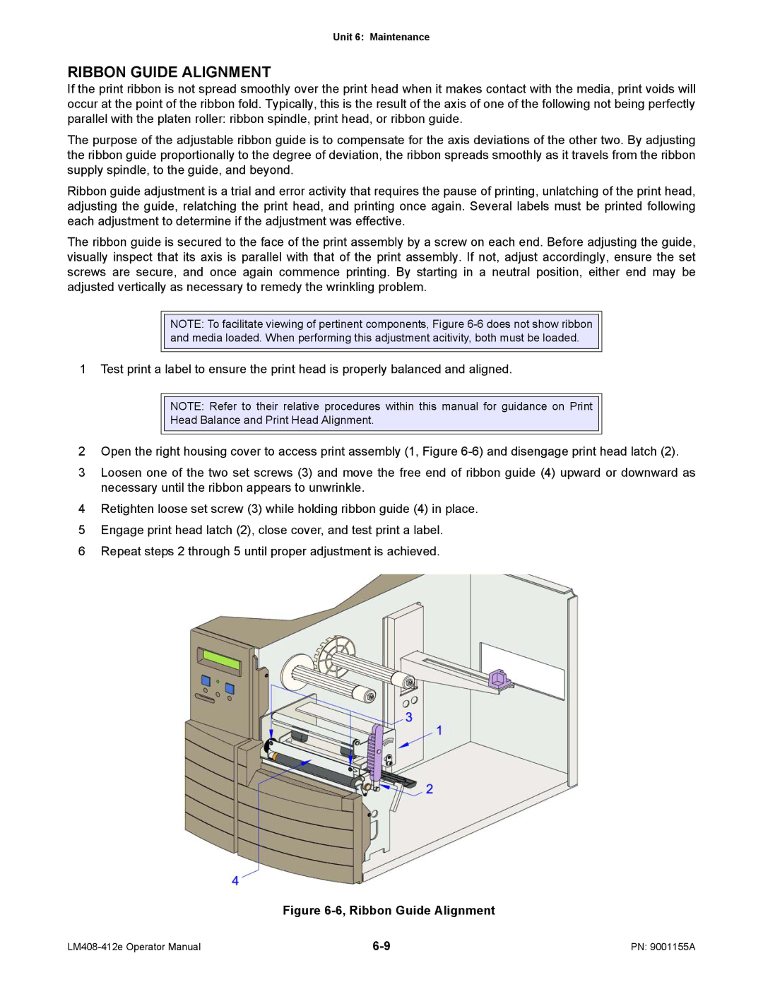 SATO LM408/412E manual Ribbon Guide Alignment, Head Balance and Print Head Alignment 