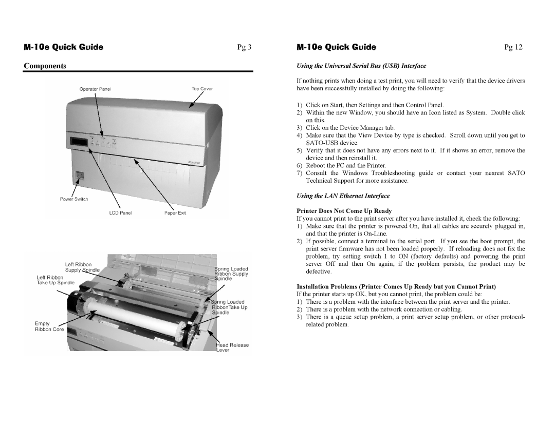 SATO M-10e manual Components, Using the Universal Serial Bus USB Interface, Using the LAN Ethernet Interface 