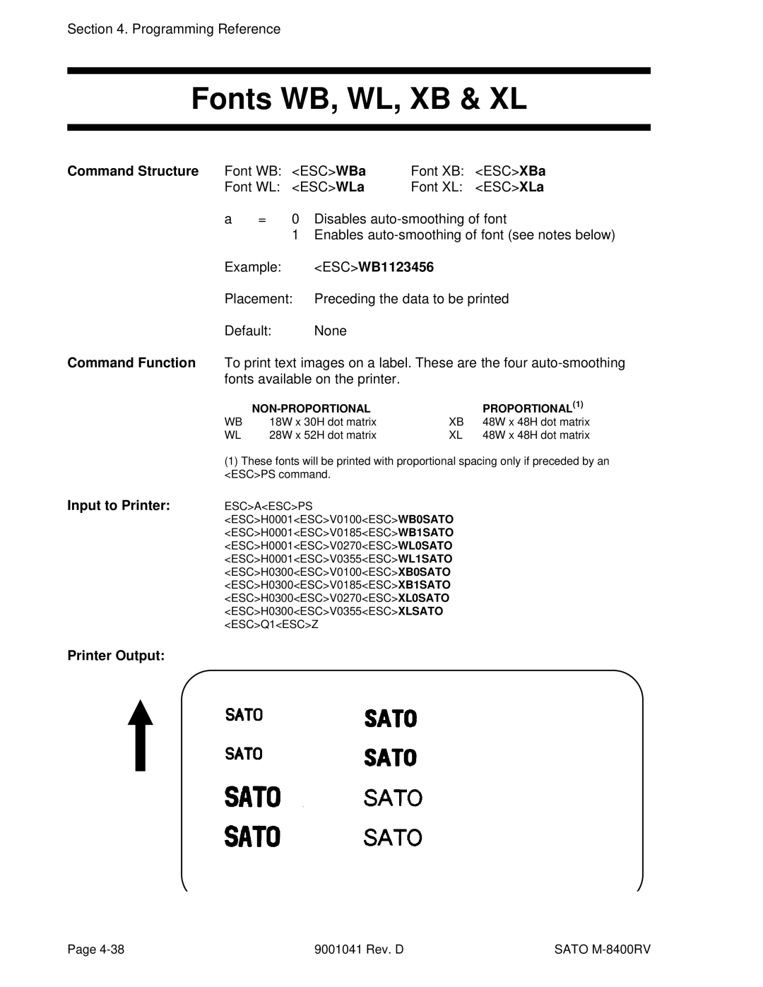 SATO M-8400RV manual Fonts WB, WL, XB & XL, Command Structure Font WB 