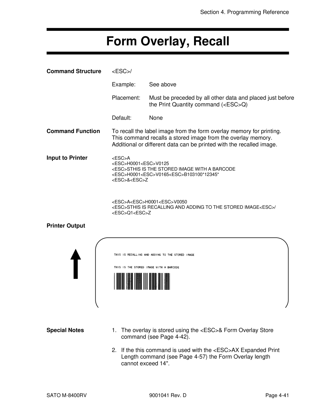 SATO M-8400RV manual Form Overlay, Recall 