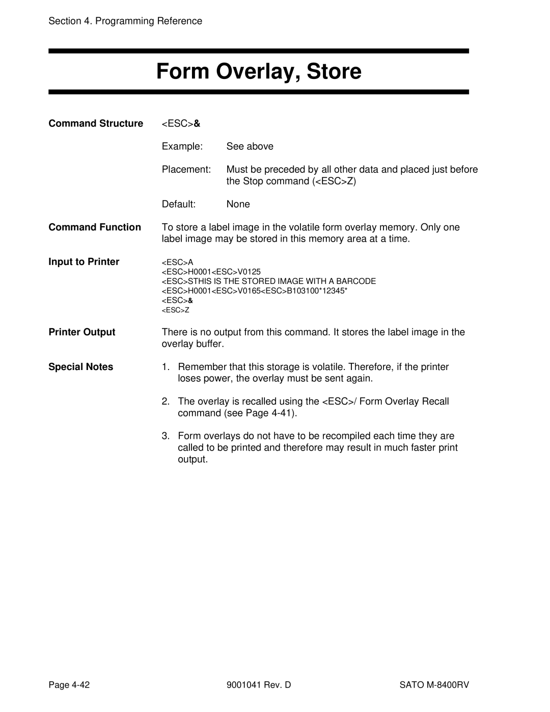 SATO M-8400RV manual Form Overlay, Store, Label image may be stored in this memory area at a time, Overlay buffer 