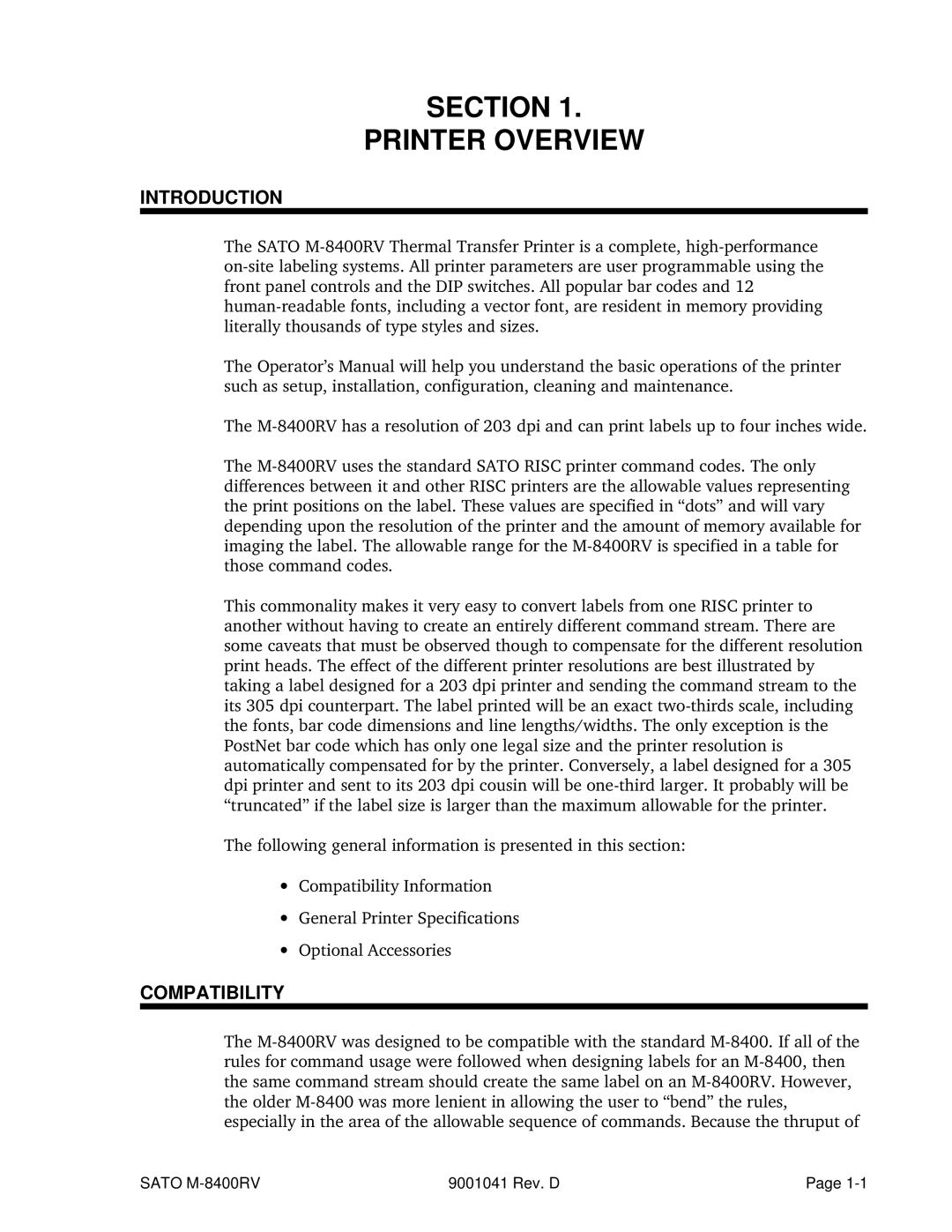 SATO M-8400RV manual Introduction, Compatibility 