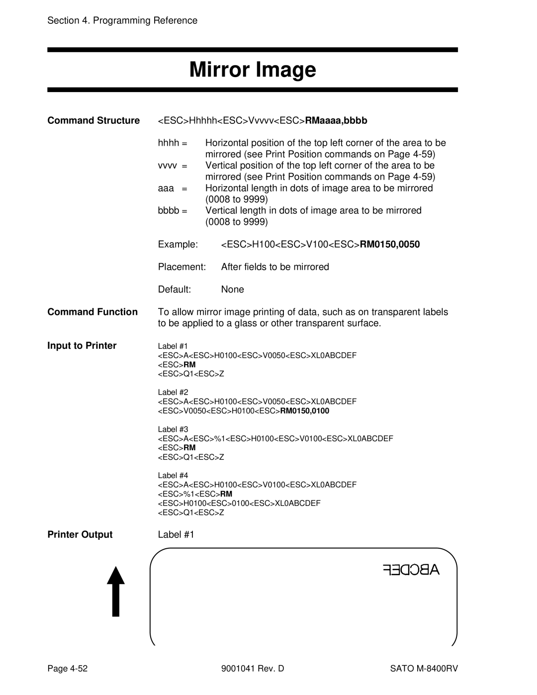 SATO M-8400RV manual Mirror Image, Command Structure ESCHhhhhESCVvvvvESCRMaaaa,bbbb, Label #1 