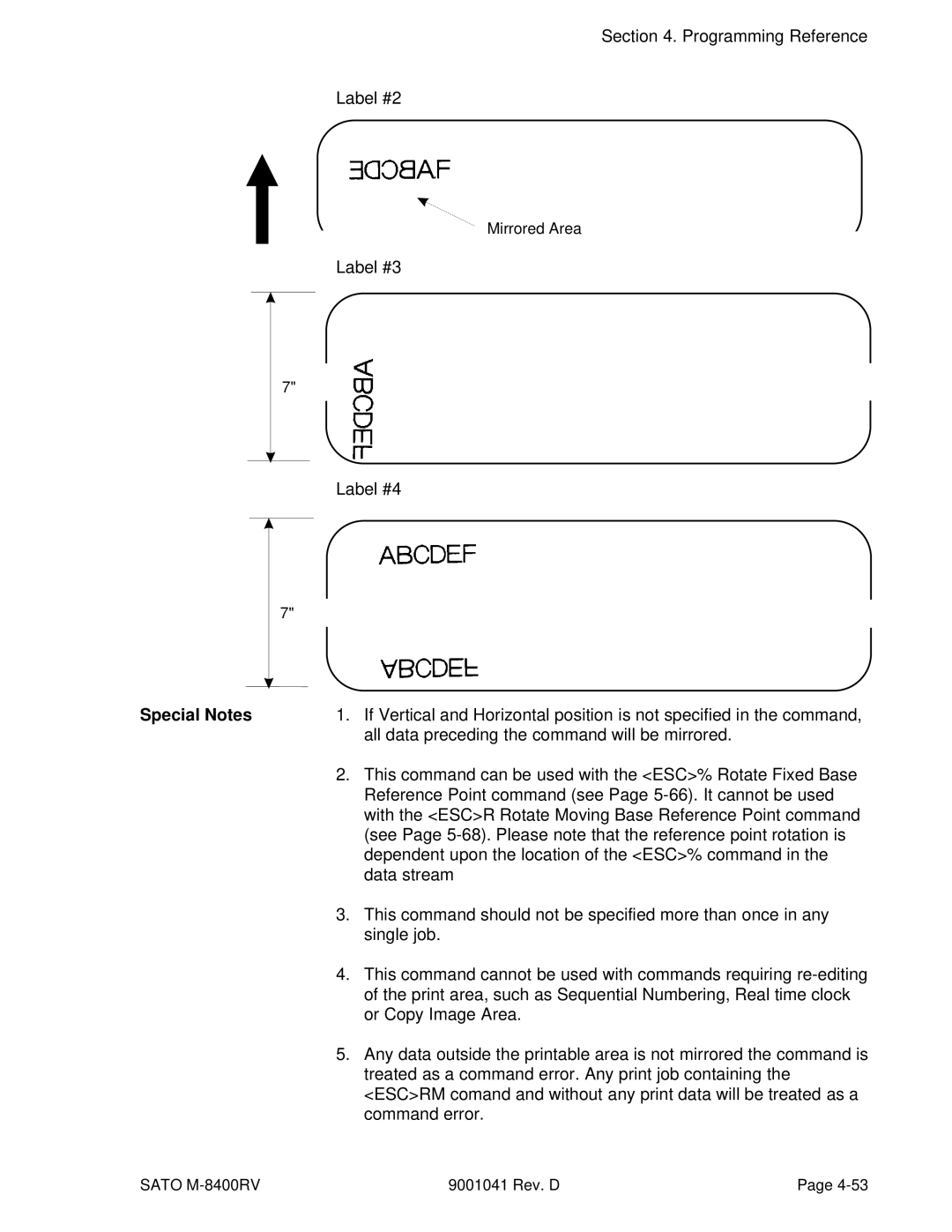 SATO M-8400RV manual Programming Reference Label #2, Label #3 Label #4, All data preceding the command will be mirrored 