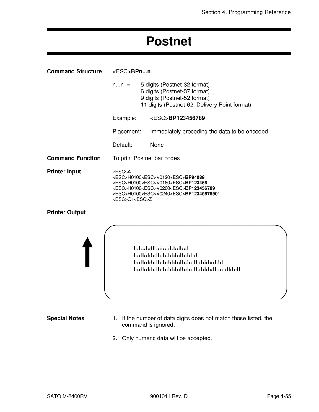 SATO M-8400RV manual Postnet, Command Structure ESCBPn...n, ESCBP123456789 