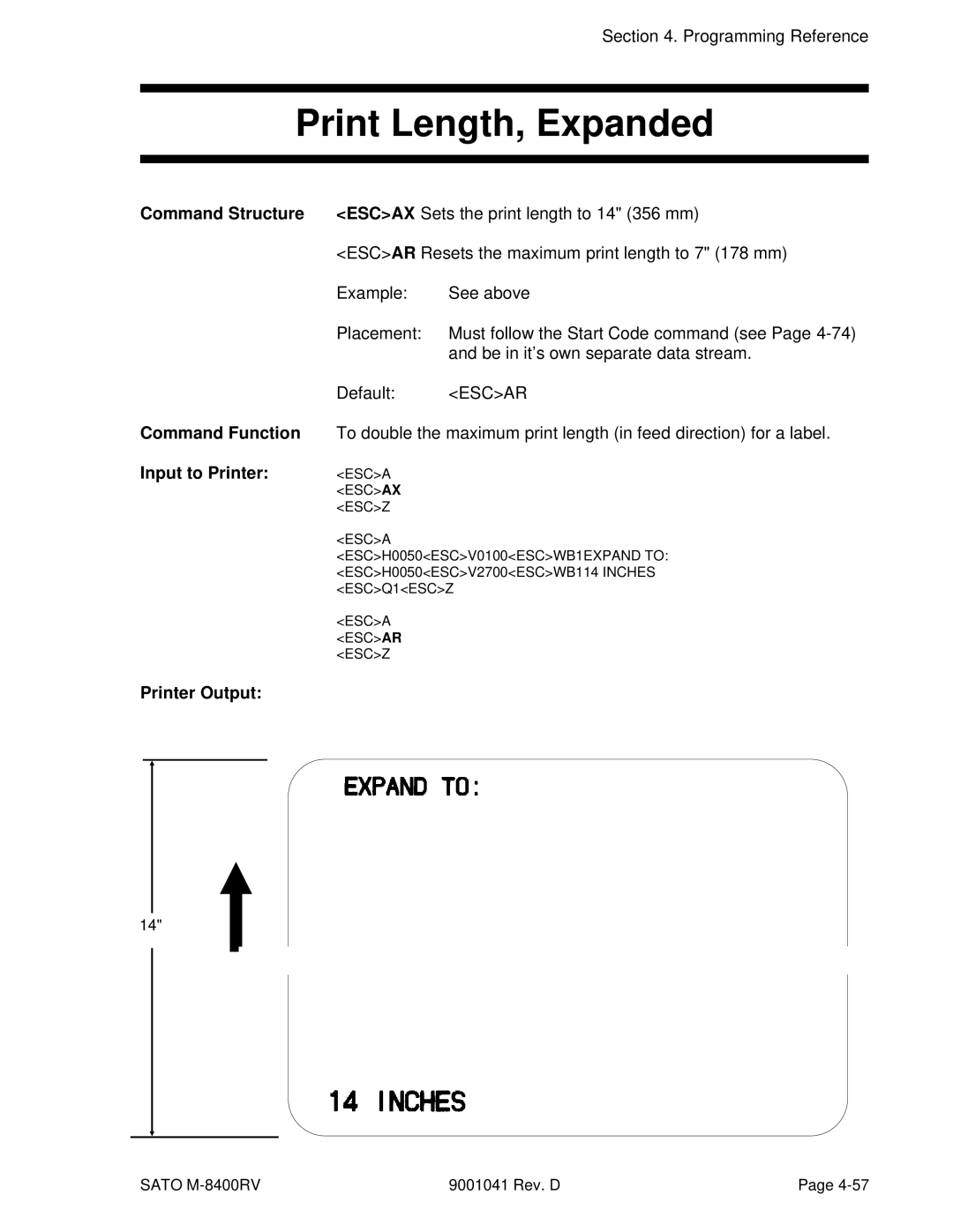 SATO M-8400RV manual Print Length, Expanded, Escax Sets the print length to 14 356 mm 