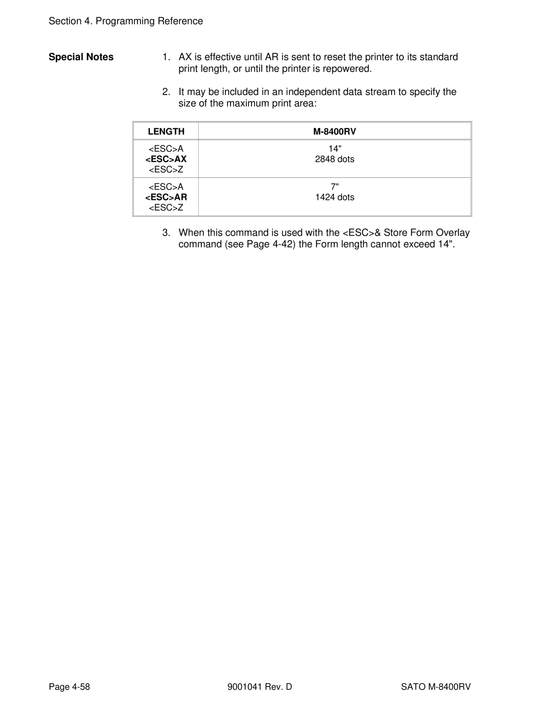 SATO M-8400RV Print length, or until the printer is repowered, It may be included in an independent data stream to specify 