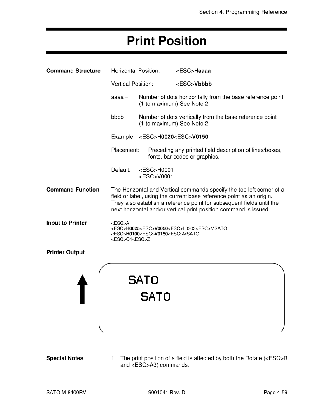 SATO M-8400RV manual Print Position, ESCA3 commands 