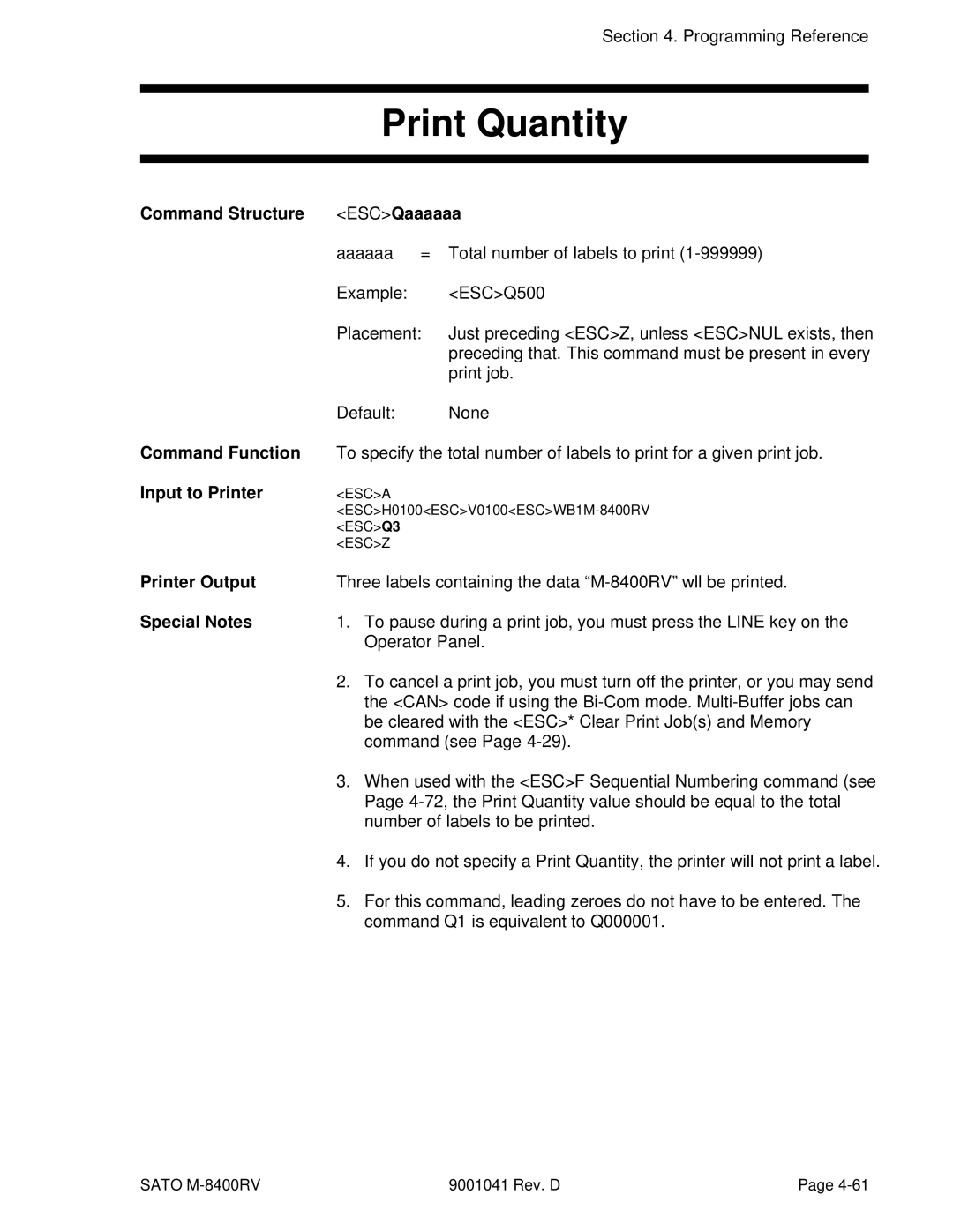 SATO M-8400RV manual Print Quantity, Command Structure ESCQaaaaaa 