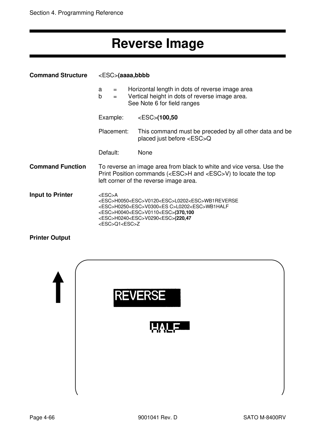 SATO M-8400RV manual Reverse Image, Command Structure ESCaaaa,bbbb, ESC100,50 