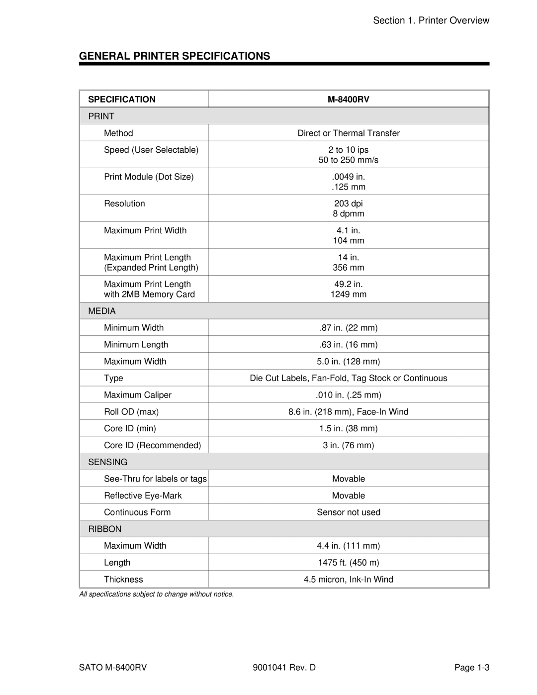 SATO M-8400RV manual General Printer Specifications 