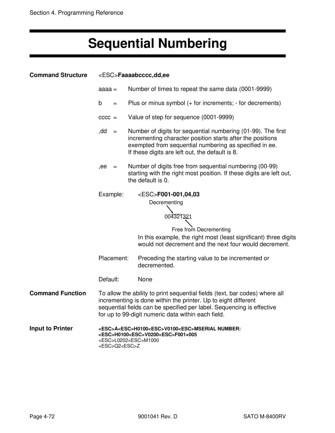 SATO M-8400RV manual Sequential Numbering, Command Structure ESCFaaaabcccc,dd,ee, ESCF001-001,04,03 