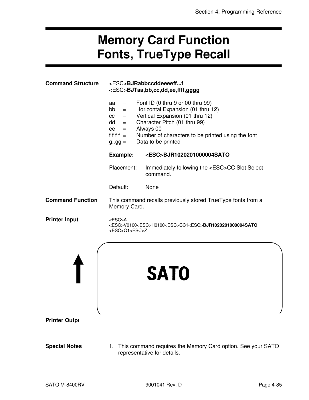 SATO M-8400RV manual Memory Card Function Fonts, TrueType Recall, Example ESCBJR1020201000004SATO 