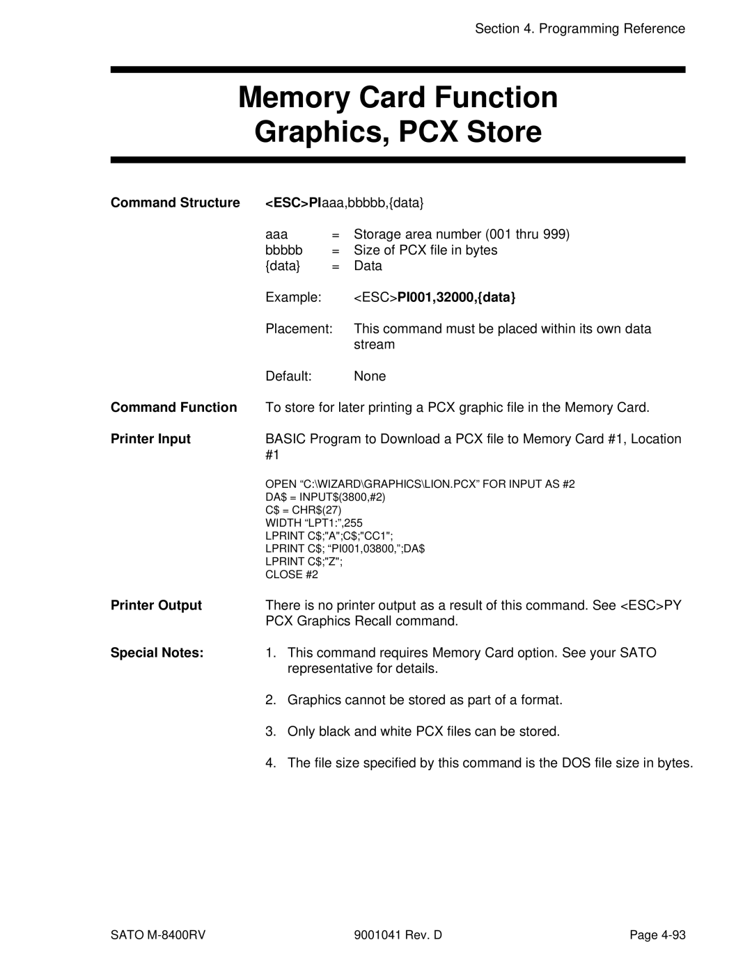 SATO M-8400RV manual Memory Card Function Graphics, PCX Store, ESCPIaaa,bbbbb,data, ESCPI001,32000,data 