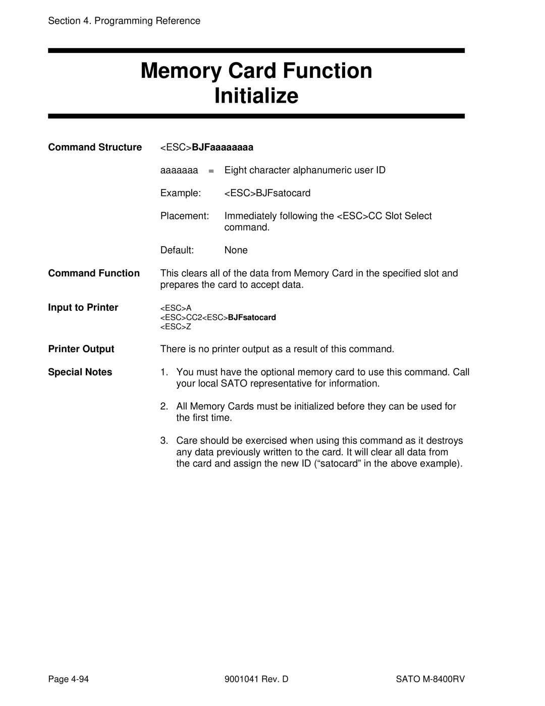SATO M-8400RV manual Memory Card Function Initialize, Command Structure ESCBJFaaaaaaaa, Prepares the card to accept data 