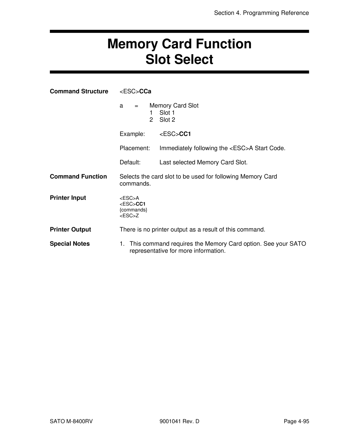 SATO M-8400RV manual Memory Card Function Slot Select, Command Structure ESCCCa 