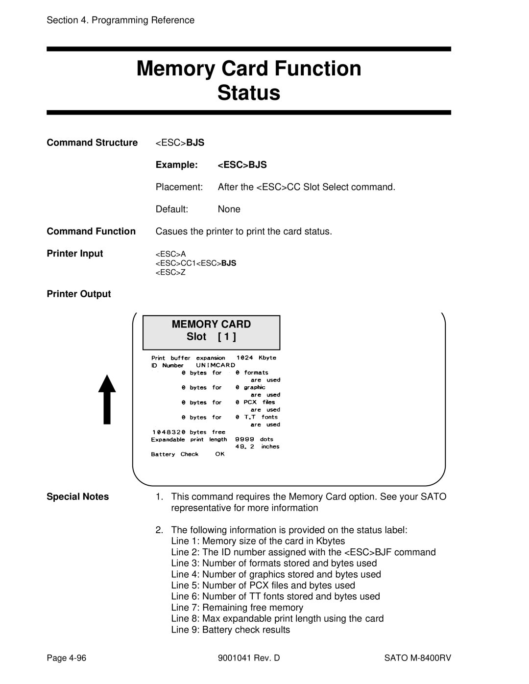 SATO M-8400RV manual Memory Card Function Status, Example, Placement 