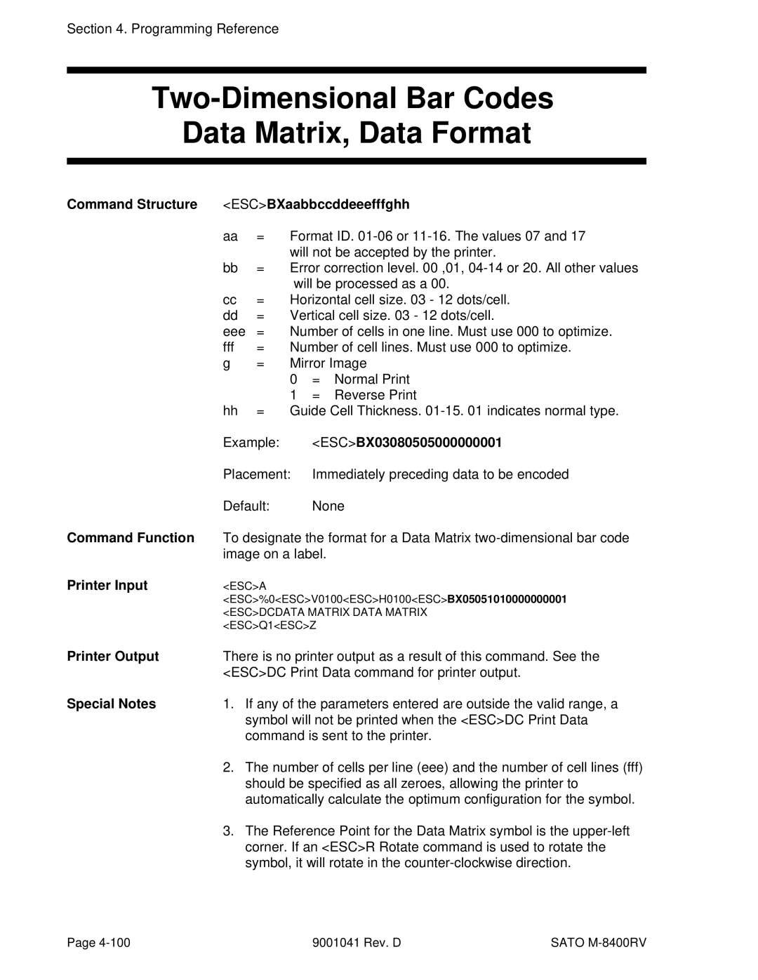 SATO M-8400RV manual Two-Dimensional Bar Codes Data Matrix, Data Format, Command Structure ESCBXaabbccddeeefffghh 