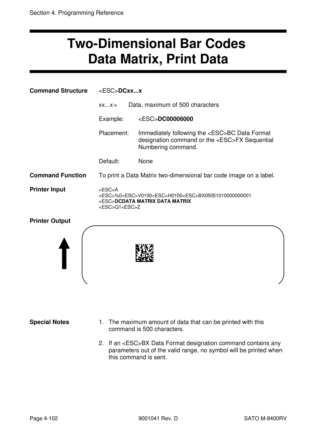 SATO M-8400RV manual Two-Dimensional Bar Codes Data Matrix, Print Data, ESCDC00006000 