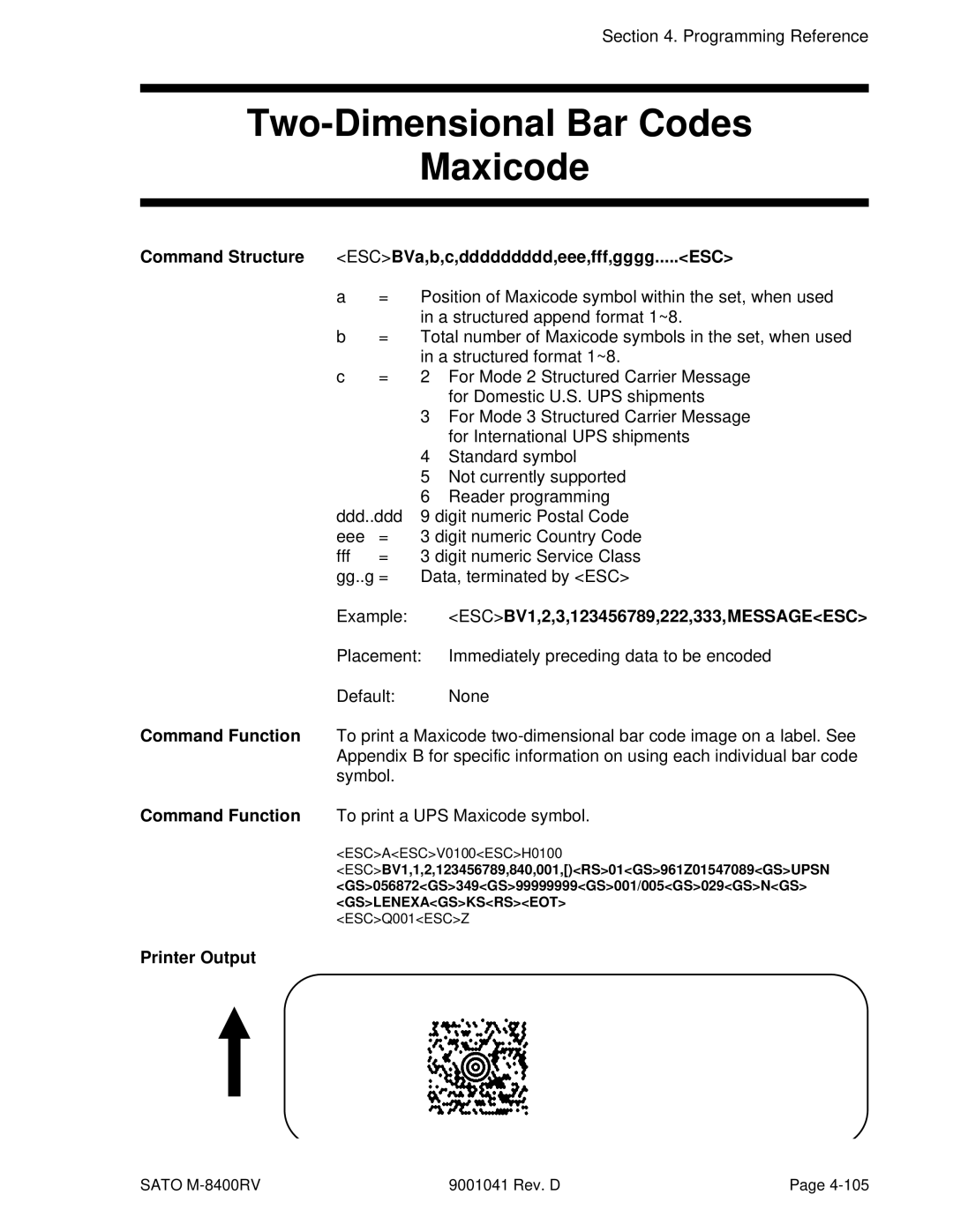 SATO M-8400RV manual Two-Dimensional Bar Codes Maxicode, Command Structure ESCBVa,b,c,ddddddddd,eee,fff,gggg.....ESC 