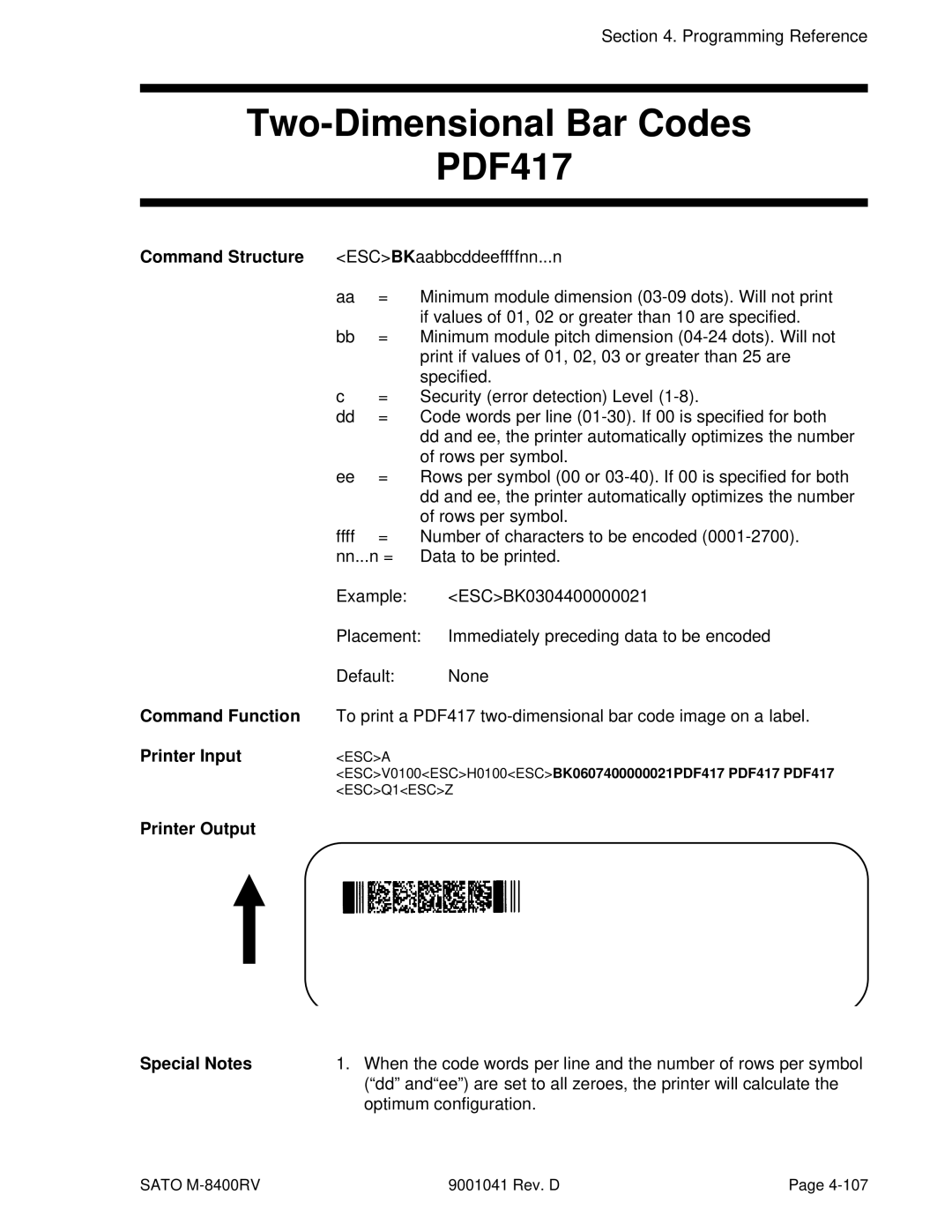 SATO M-8400RV manual Two-Dimensional Bar Codes, Command Function Printer Input, Optimum configuration 