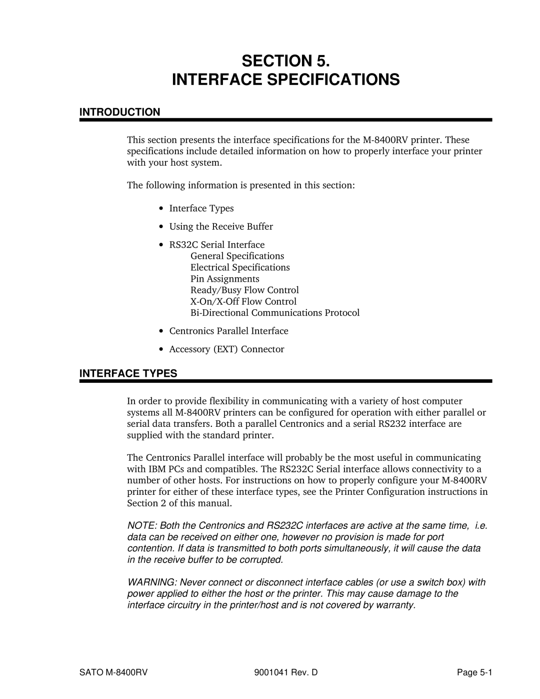 SATO M-8400RV manual Section Interface Specifications, Interface Types 