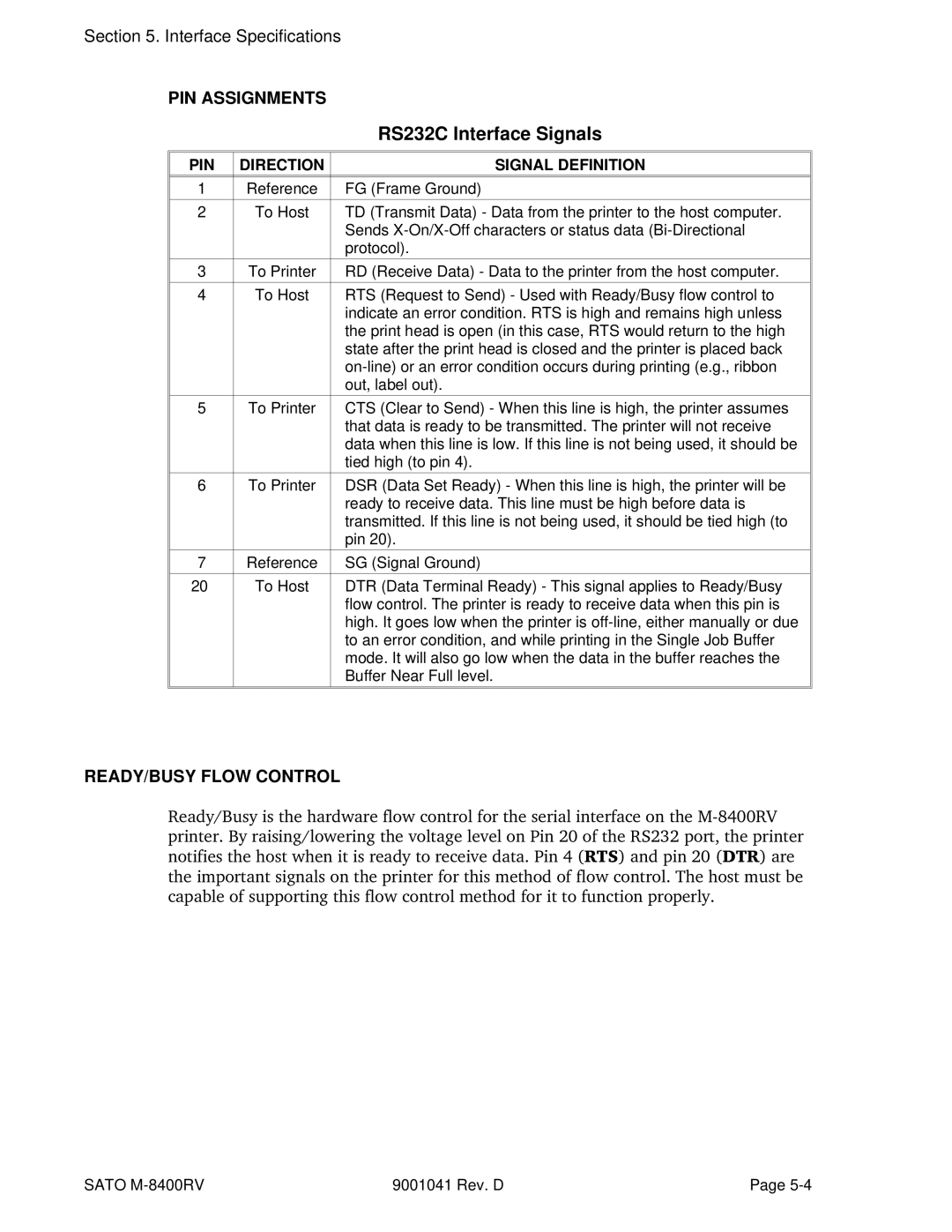 SATO M-8400RV manual RS232C Interface Signals, PIN Direction Signal Definition 