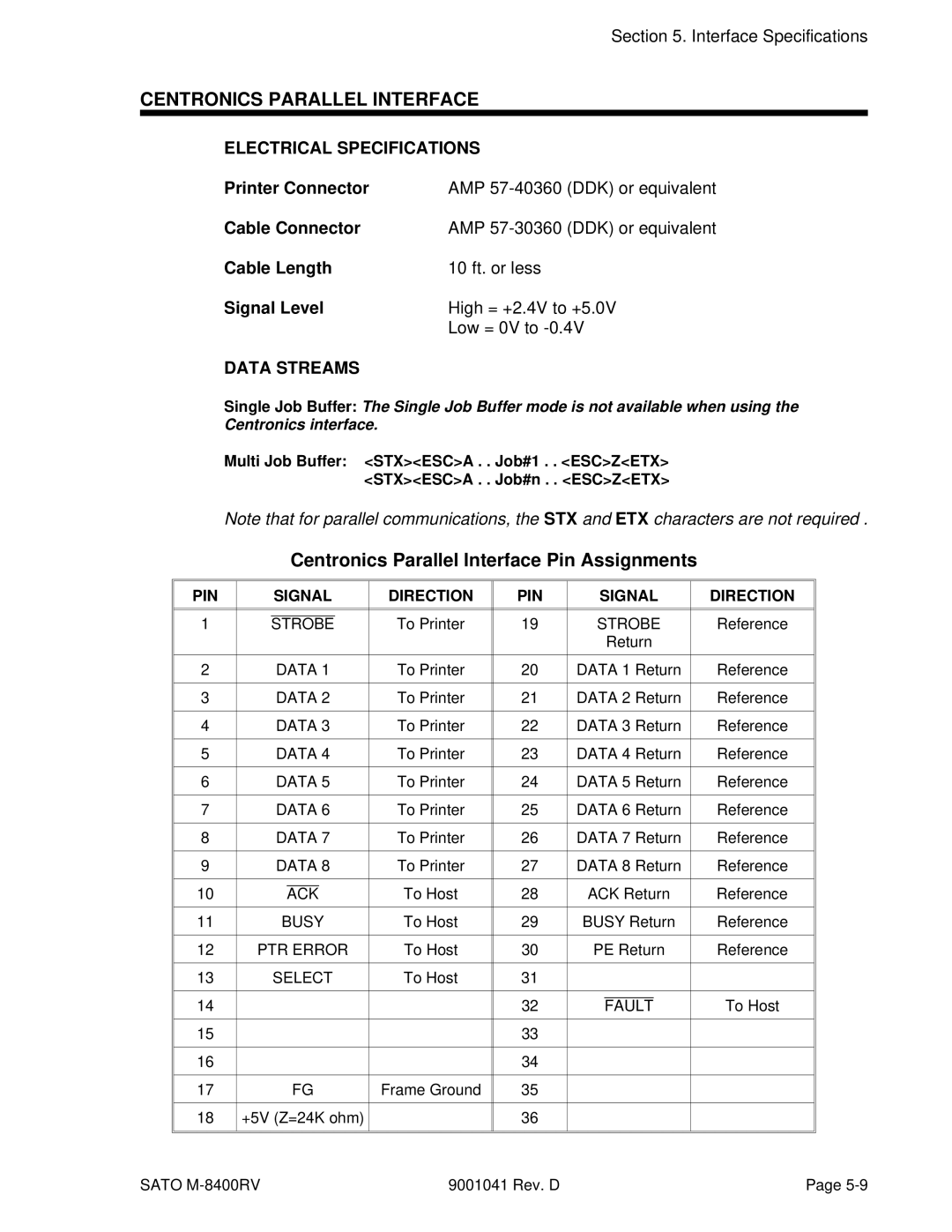 SATO M-8400RV manual Centronics Parallel Interface, Printer Connector, Cable Connector, Cable Length, Signal Level 