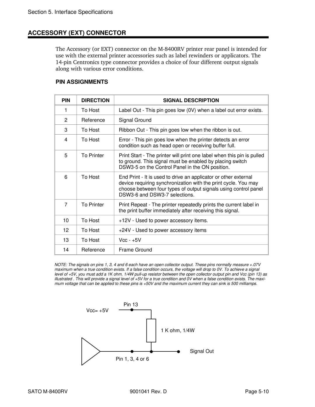 SATO M-8400RV manual Accessory EXT Connector, PIN Direction Signal Description 