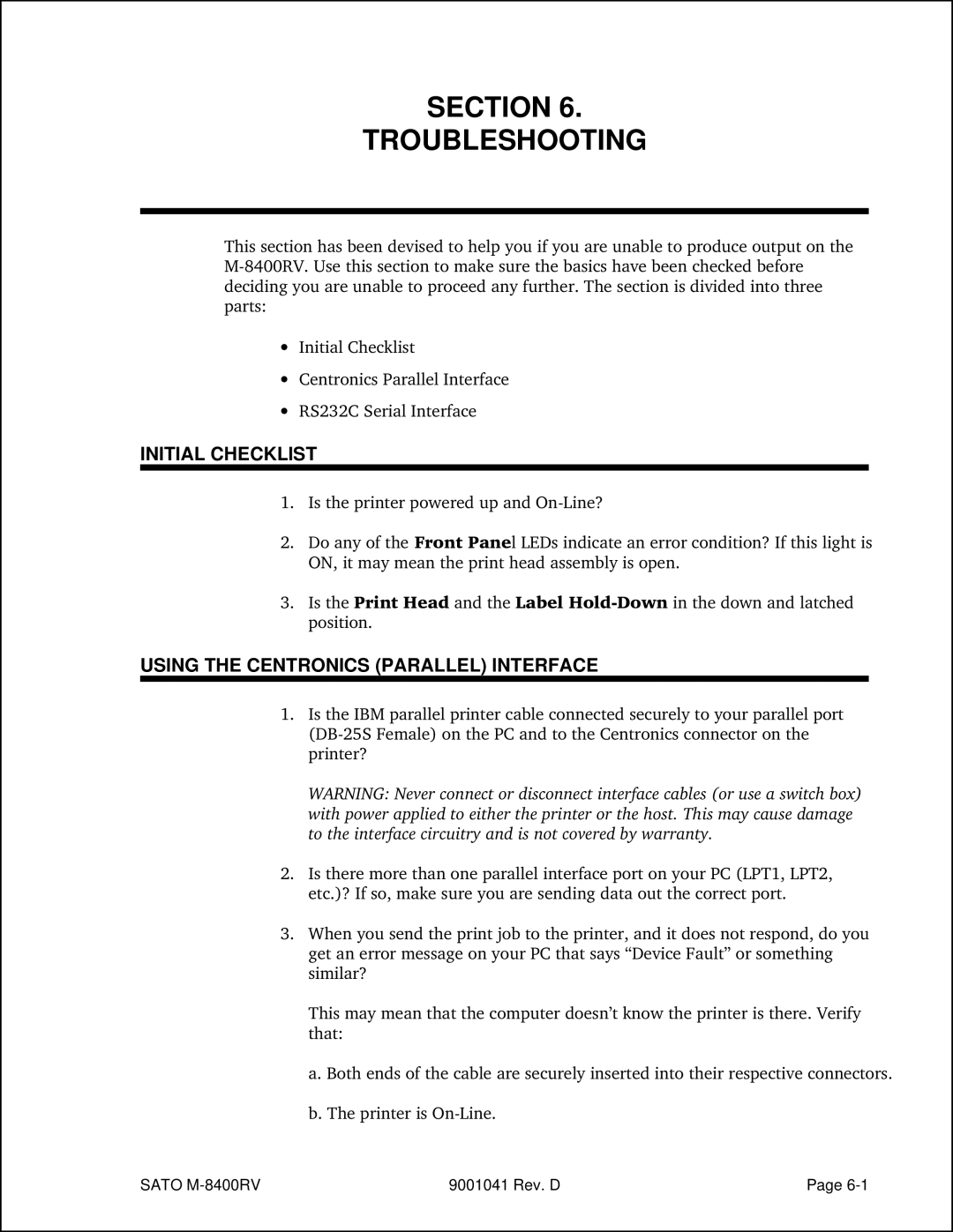 SATO M-8400RV manual Initial Checklist, Using the Centronics Parallel Interface 