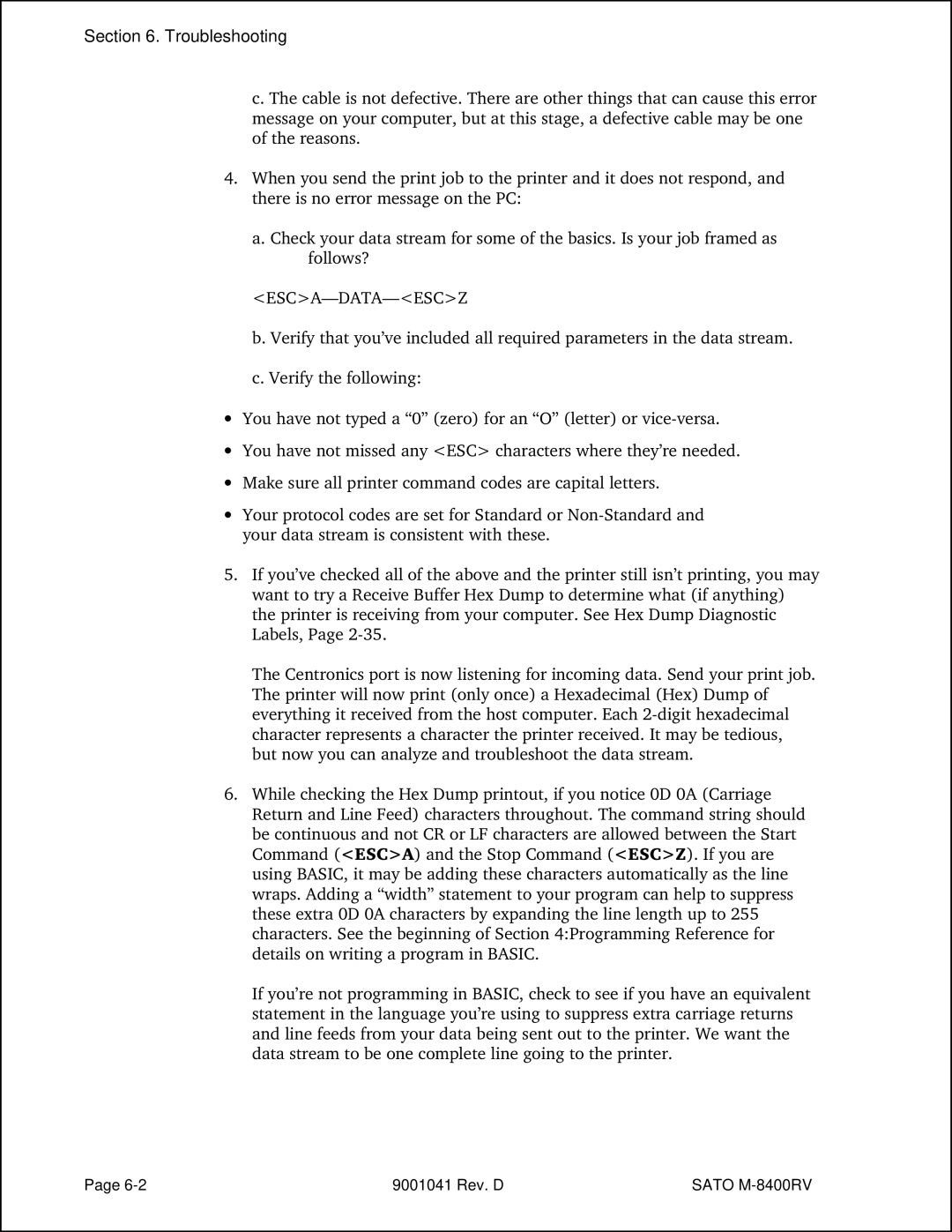 SATO M-8400RV manual Troubleshooting, Esca-Data-Escz 