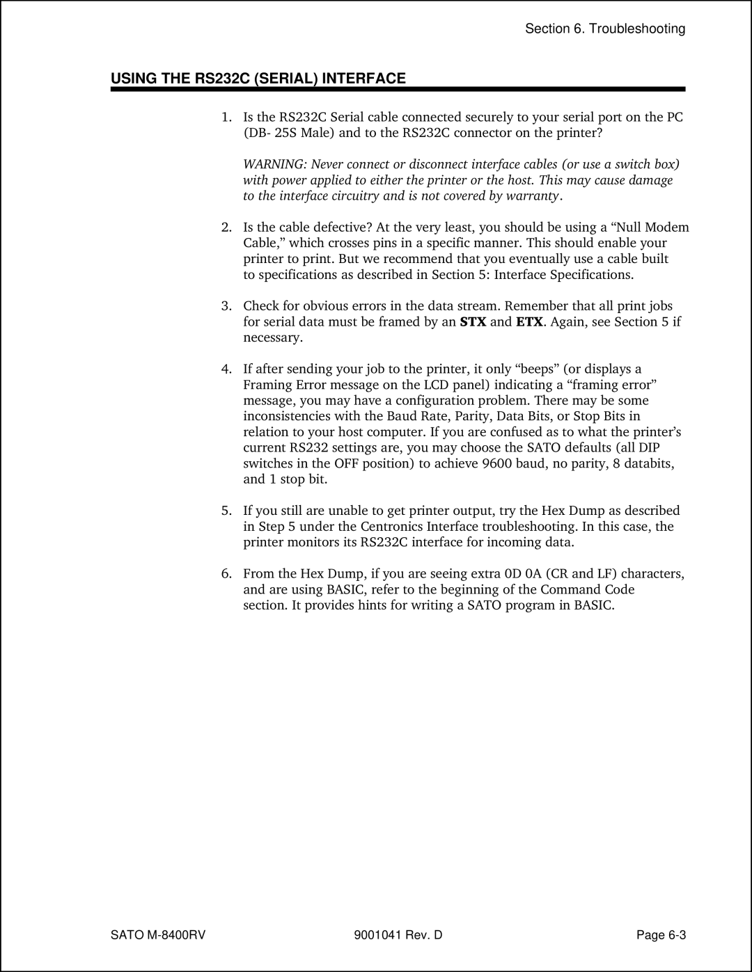 SATO M-8400RV manual Using the RS232C Serial Interface 