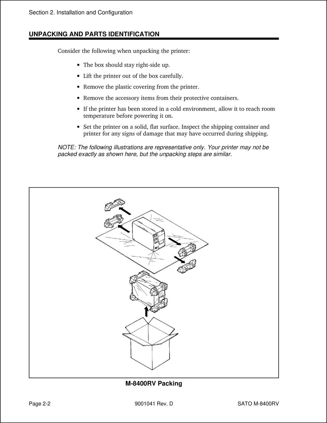 SATO M-8400RV manual Unpacking and Parts Identification, Installation and Configuration 