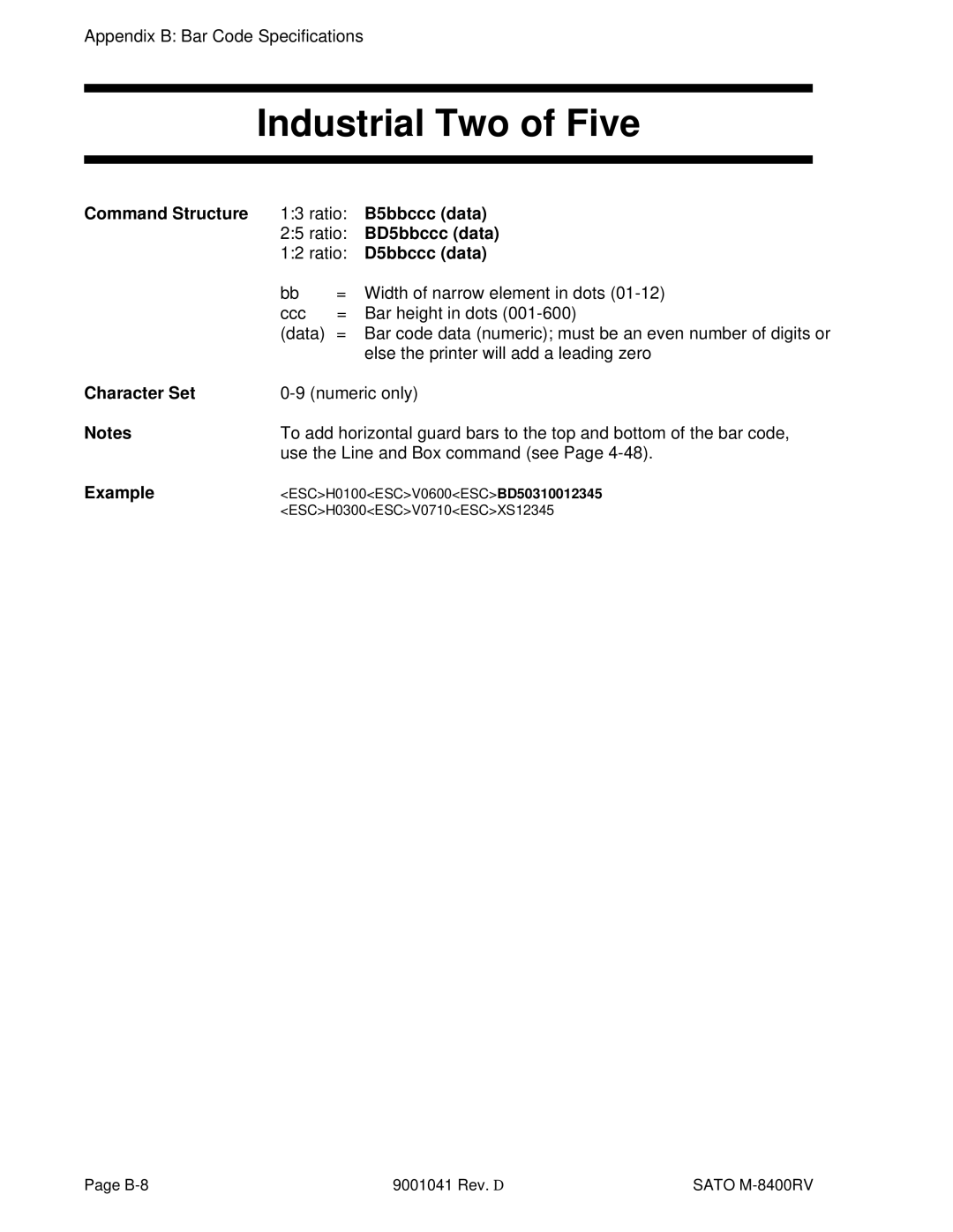 SATO M-8400RV manual Industrial Two of Five, B5bbccc data, BD5bbccc data, Width of narrow element in dots 