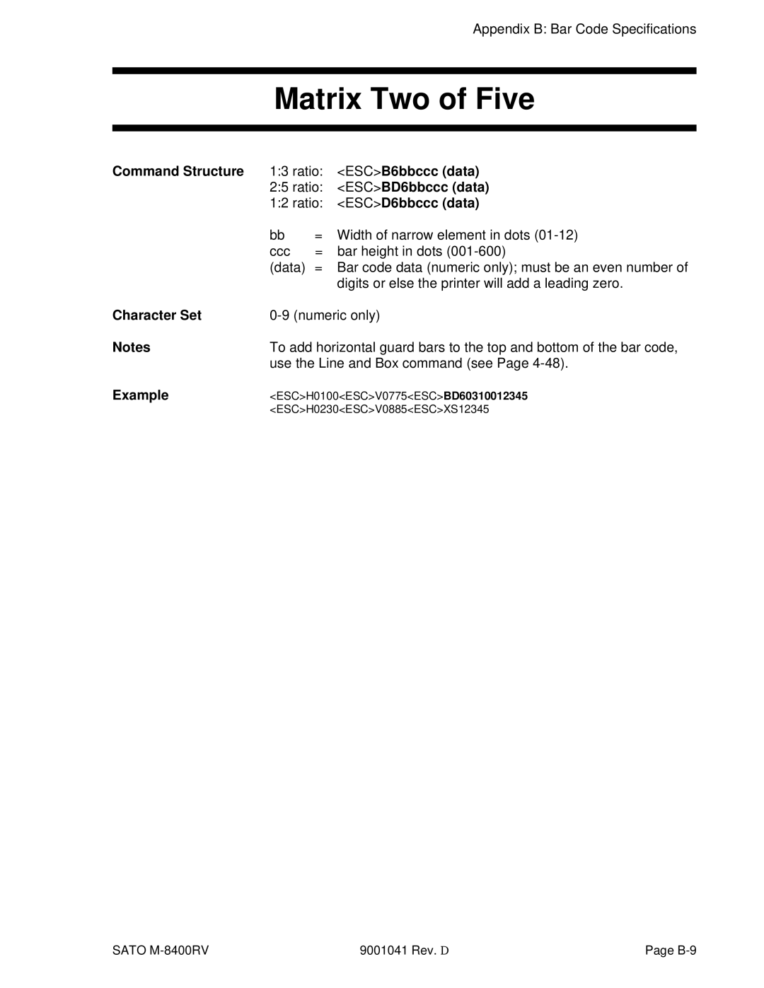 SATO M-8400RV manual Matrix Two of Five, ESCB6bbccc data, ESCBD6bbccc data, ESCD6bbccc data 