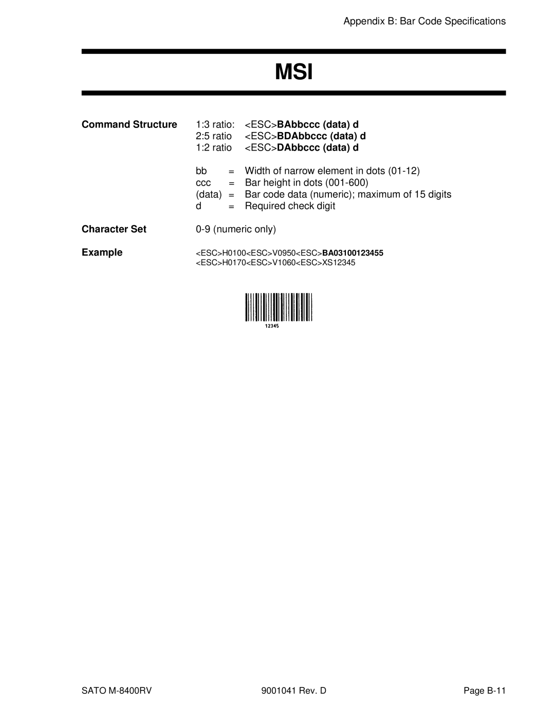 SATO M-8400RV ESCBAbbccc data d, ESCBDAbbccc data d, ESCDAbbccc data d, Ccc Bar height in dots Data, Required check digit 