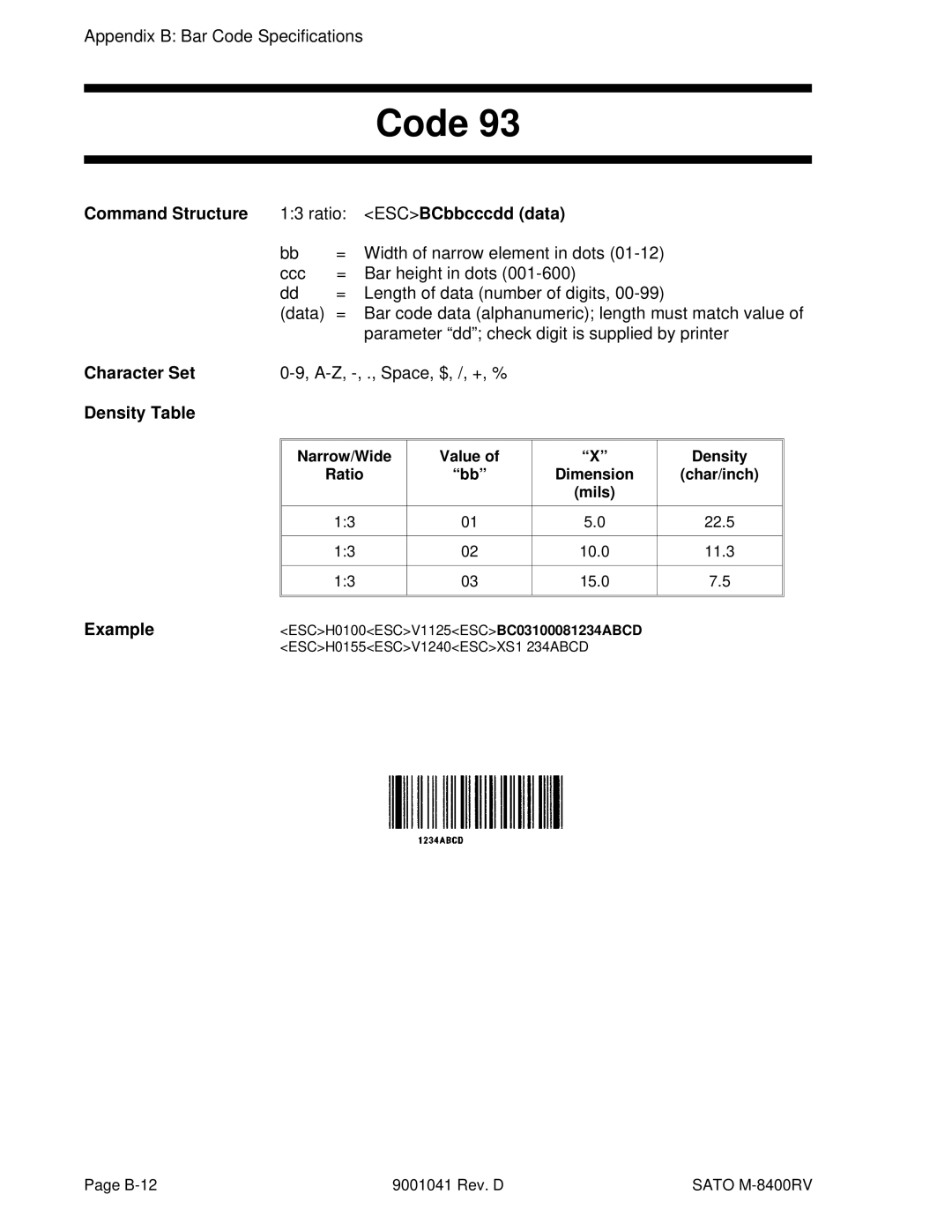 SATO M-8400RV manual A-Z, -, ., Space, $, /, +, %, Density Ratio Dimension Char/inch Mils 