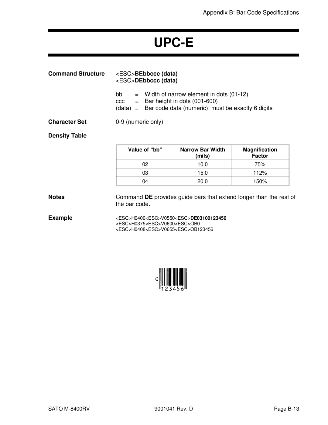 SATO M-8400RV manual Upc-E, Bar code 