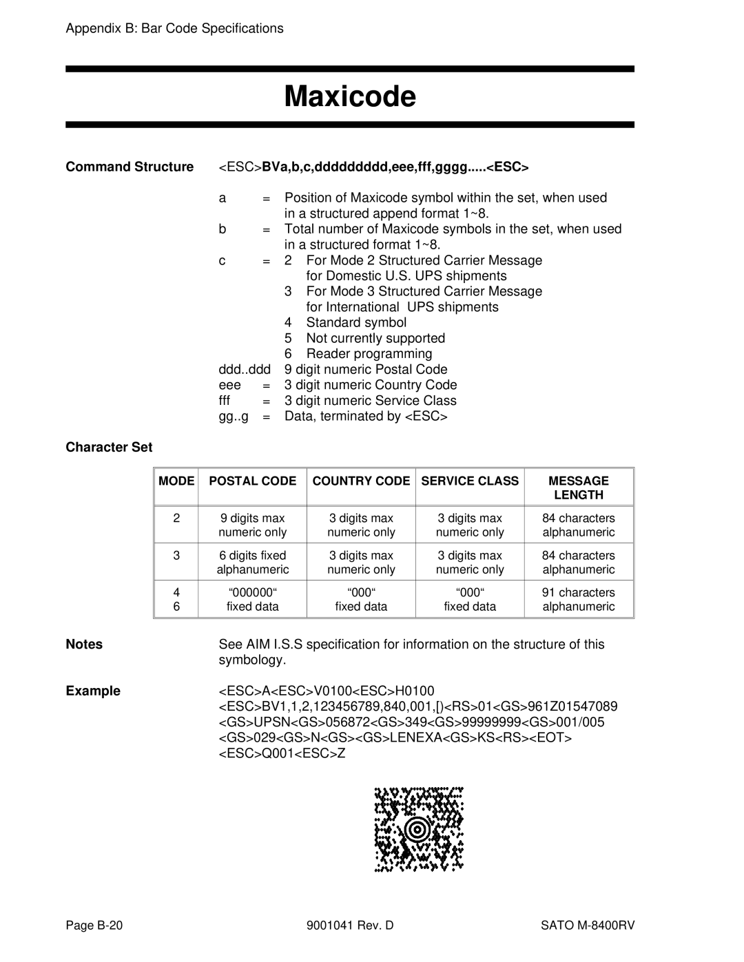 SATO M-8400RV manual Symbology, Mode Postal Code Country Code Service Class Message Length 