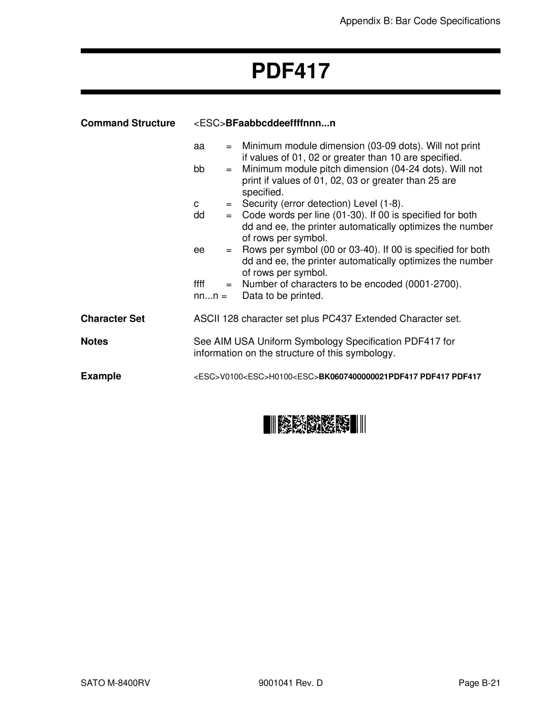 SATO M-8400RV manual Command Structure ESCBFaabbcddeeffffnnn...n 