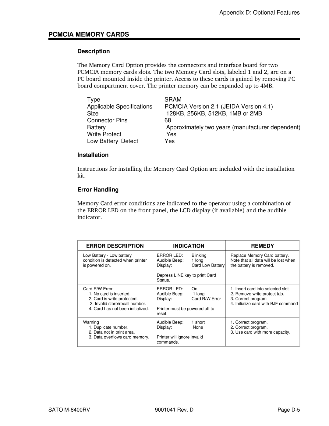 SATO M-8400RV manual Pcmcia Memory Cards, Type, Error Handling, Error Description Indication Remedy 