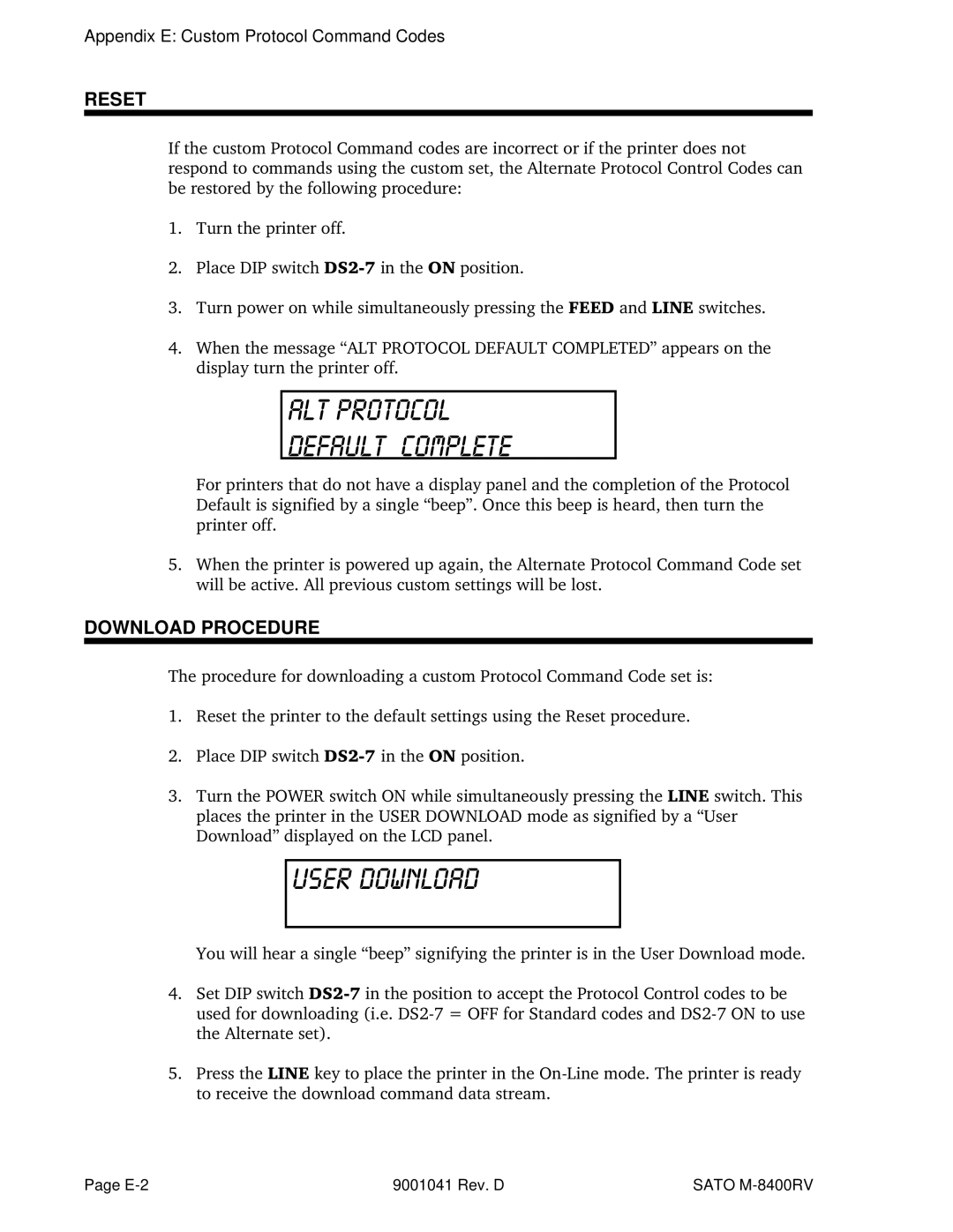 SATO M-8400RV manual Reset, Download Procedure, Appendix E Custom Protocol Command Codes 