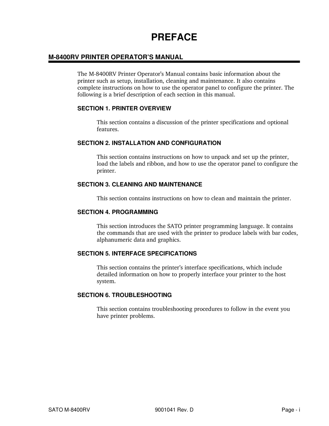 SATO M-8400RV manual Preface, 8400RV Printer OPERATOR’S Manual 