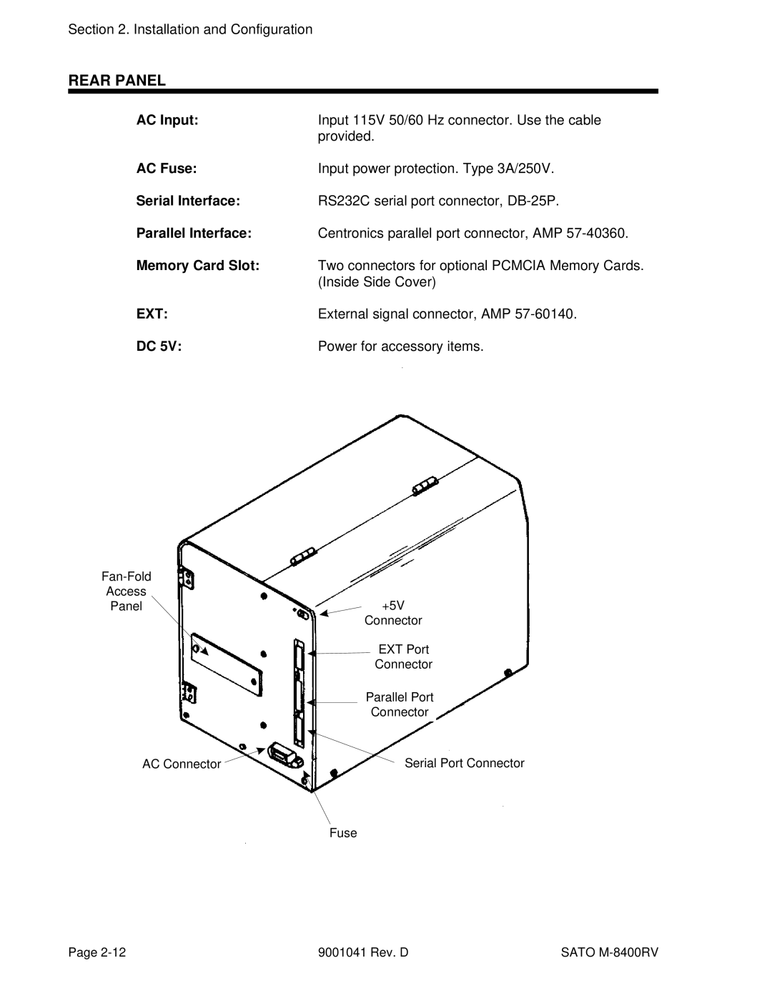 SATO M-8400RV manual Rear Panel 