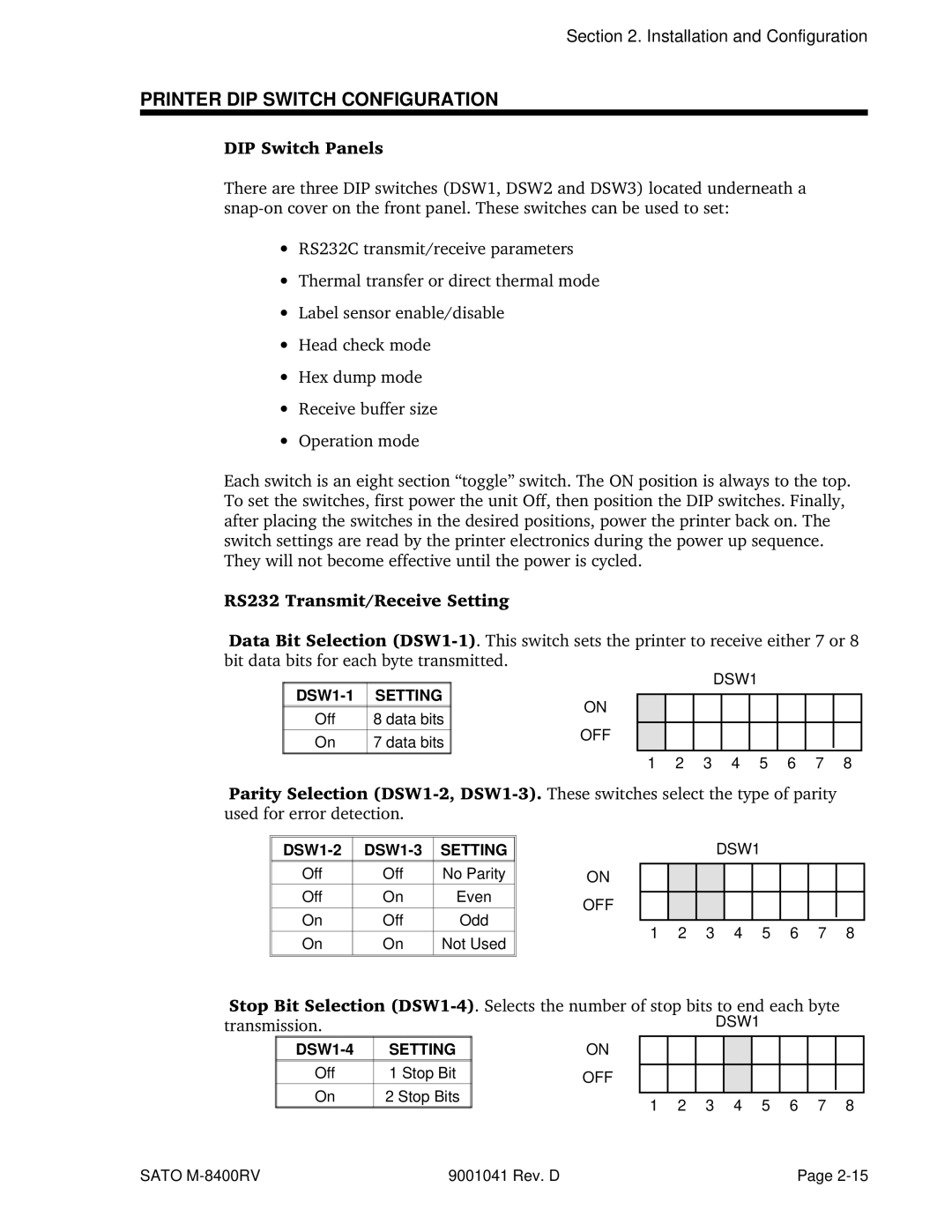 SATO M-8400RV manual Printer DIP Switch Configuration, DSW1-1, Setting, DSW1-2 DSW1-3, DSW1-4 