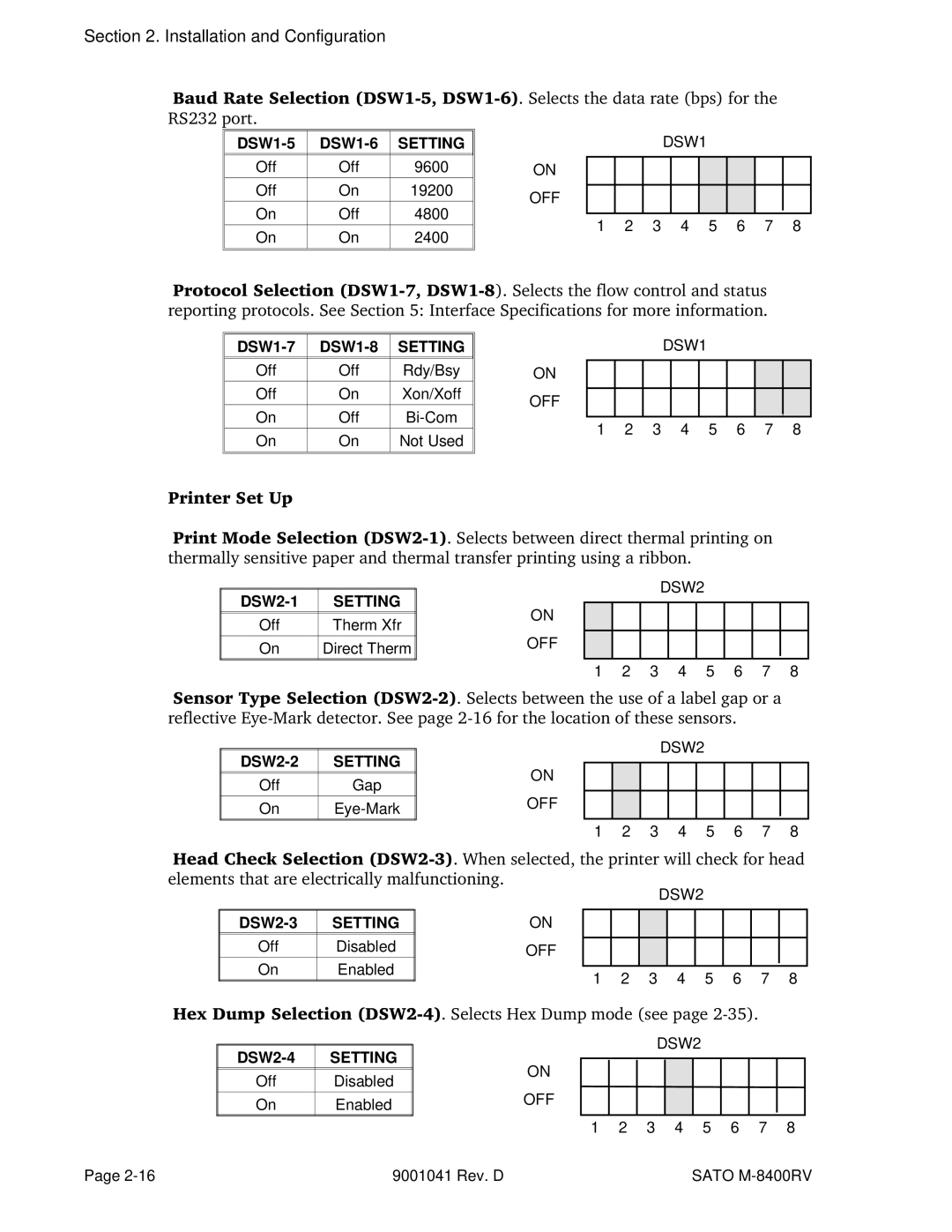 SATO M-8400RV manual DSW1-5 DSW1-6, DSW1-7 DSW1-8, DSW2-1, DSW2-2, DSW2-3, DSW2-4 