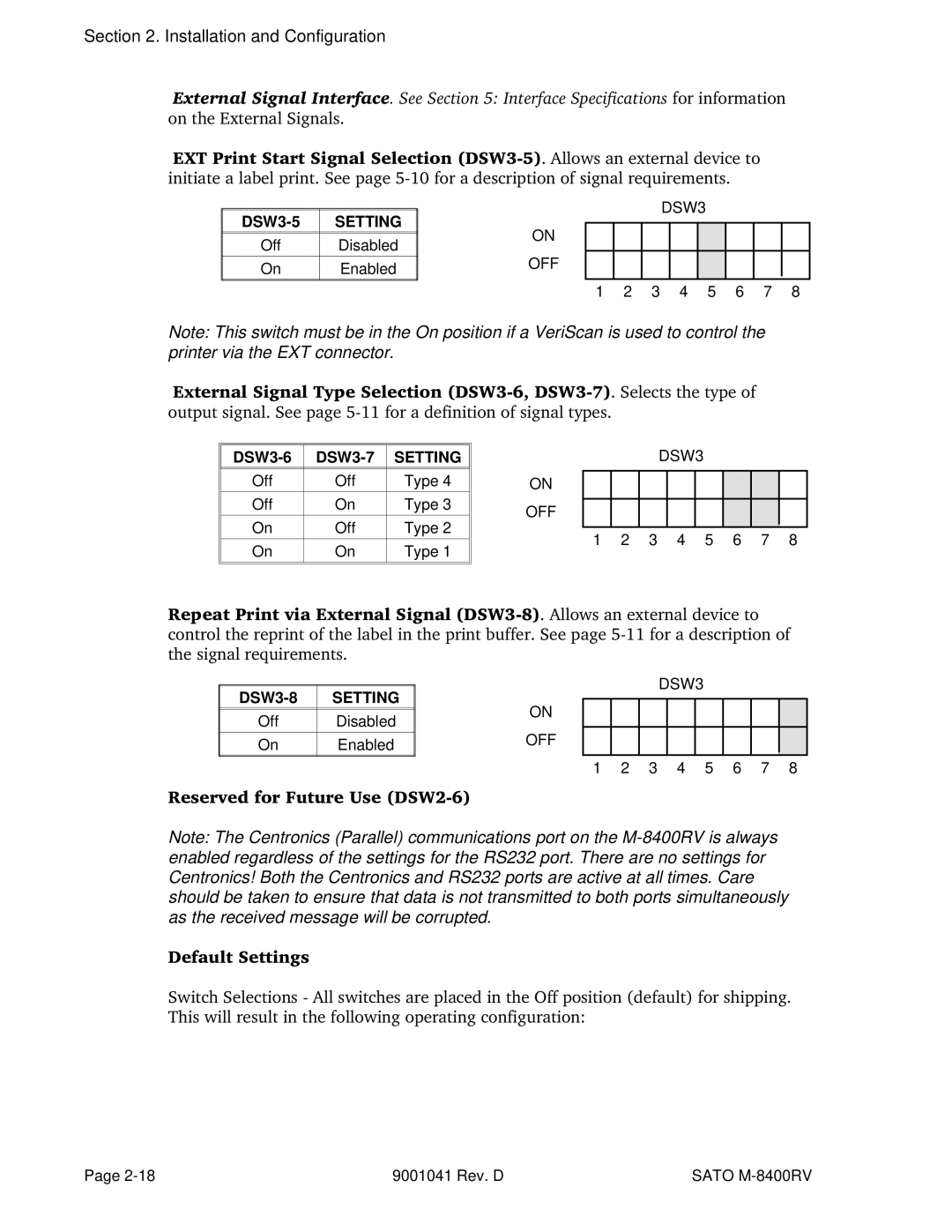 SATO M-8400RV manual DSW3-5, DSW3-6 DSW3-7, DSW3-8 